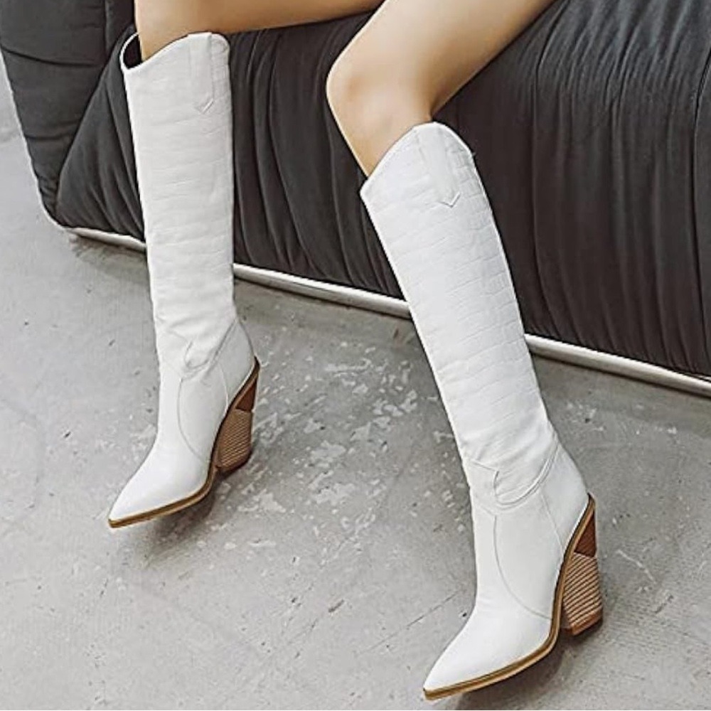 White Croc Embossed Pointed Toe Block Heel Knee High Western Boots, Size 40